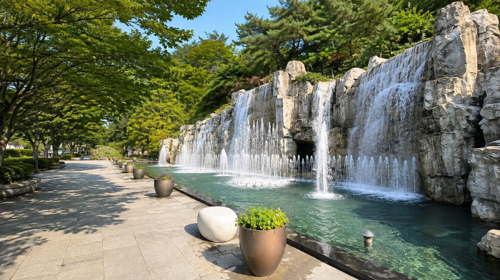 울산 태화강동굴피아 앞 인공폭포와 산책로
