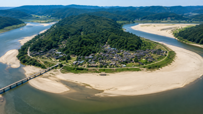 yeongju-museom-village-river-aerial 내성천이 삼면을 감싸는 영주 무섬마을 항공 전경