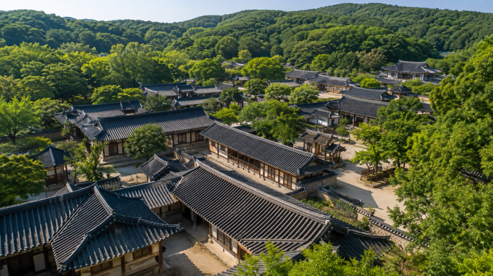 밤 조명이 켜진 한국민속촌 대관문