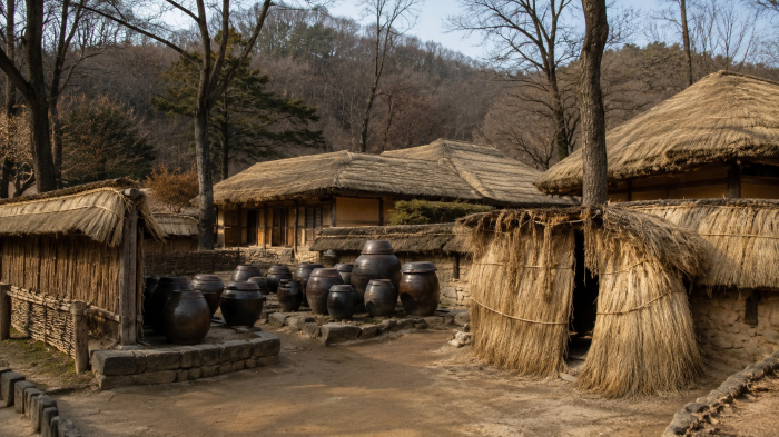 한국민속촌 초가집과 장독대가 있는 전통마을