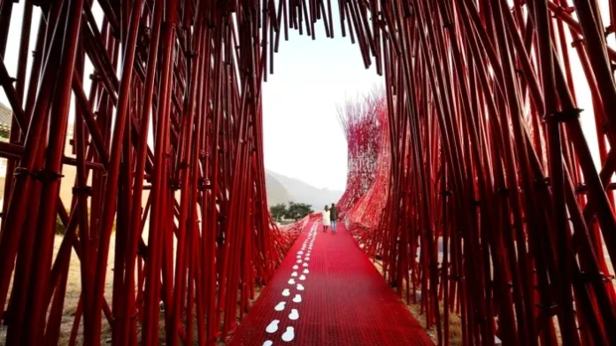 youngdal-ypark-red-bamboo-walkway 영월 젊은달와이파크 입구 붉은 대나무 설치미술 통로