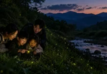 9월 무주, 반딧불이를 만나러 간다…30번째 축제의 저녁 무주 계곡가 풀숲에서 가족이 반딧불이를 바라보는 초저녁 풍경