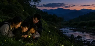 9월 무주, 반딧불이를 만나러 간다…30번째 축제의 저녁 무주 계곡가 풀숲에서 가족이 반딧불이를 바라보는 초저녁 풍경