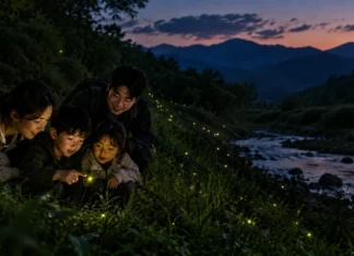 9월 무주, 반딧불이를 만나러 간다…30번째 축제의 저녁 무주 계곡가 풀숲에서 가족이 반딧불이를 바라보는 초저녁 풍경