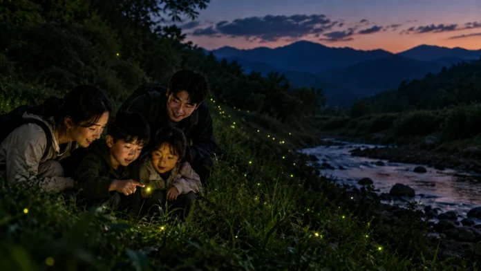 01-muju-firefly-family-feature-2026 무주 계곡가 풀숲에서 가족이 반딧불이를 바라보는 초저녁 풍경