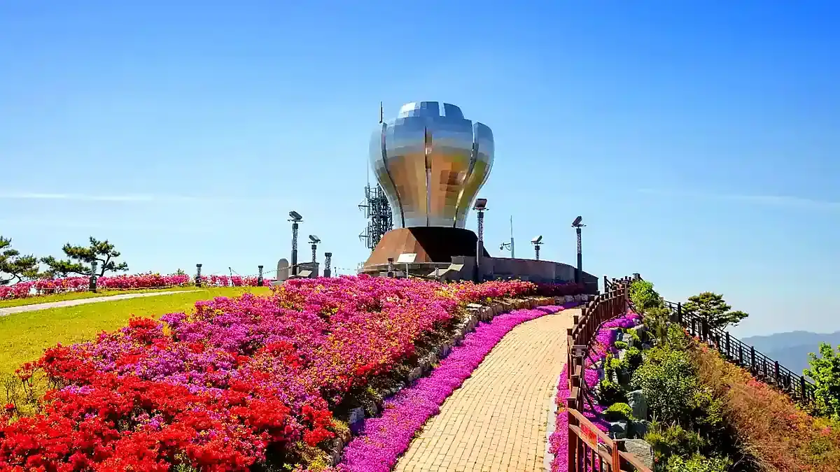 꽃밭 너머로 보이는 광양 구봉산 디지털 메탈아트 봉수대