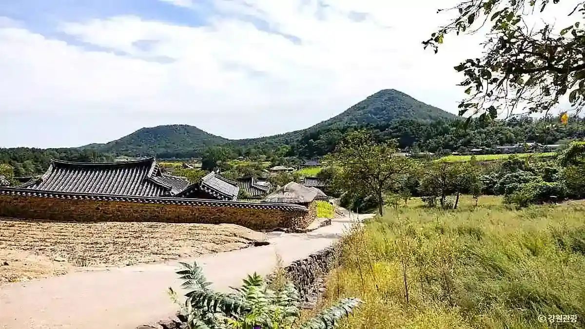 전통가옥과 밭, 산자락이 함께 보이는 고성 왕곡마을 원경 사진