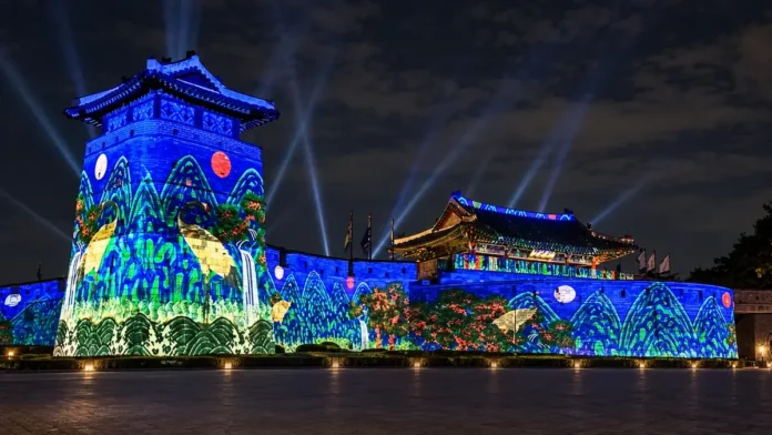 1_suwon-hwaseong-media-art-featured 수원화성 성문과 성벽에 푸른 산수화형 미디어아트가 펼쳐진 야경