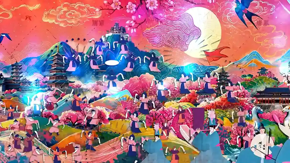 산수와 전통 인물, 꽃과 건축 요소가 어우러진 화려한 미디어아트 장면