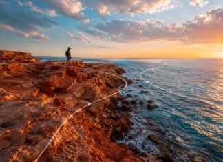 호주 Tourism 2035의 AI·GEO·AEO 관광 마케팅을 표현한 해안 여행 이미지