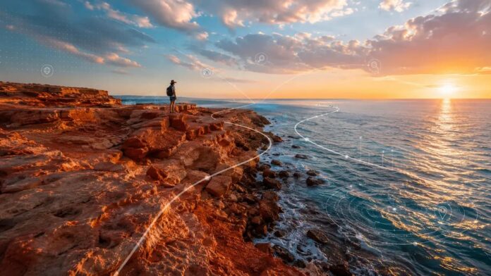 호주 Tourism 2035의 AI·GEO·AEO 관광 마케팅을 표현한 해안 여행 이미지