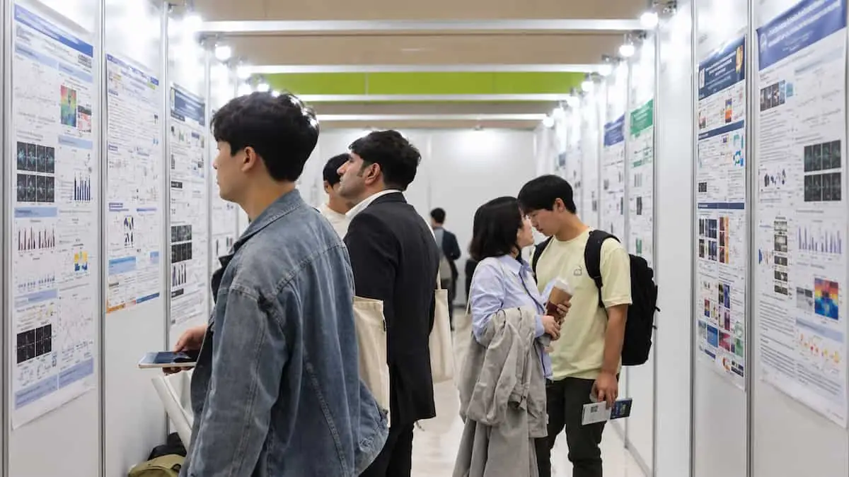 첨단소재 산업 전시회에서 기업 부스와 기술을 살펴보는 관람객들