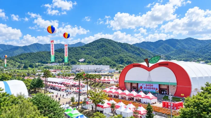 맑은 가을 하늘 아래 펼쳐진 제20회 장수 한우랑사과랑축제 누리파크 일원 전경