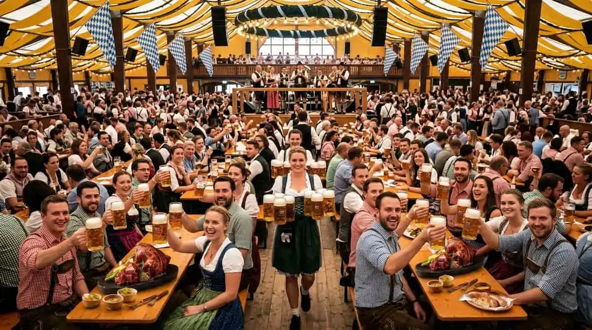 독일 뮌헨 옥토버페스트 축제 텐트 안에서 맥주잔을 부딪치며 전통 음식을 즐기는 인파