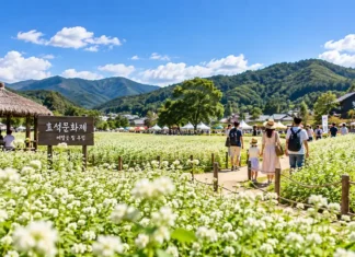 평창 효석문화제 첫 주말, 메밀꽃 절정에 무료체험까지…봉평 하루여행 시작됐다 하얀 메밀꽃밭 사이로 가족과 관람객이 걷는 평창 효석문화제