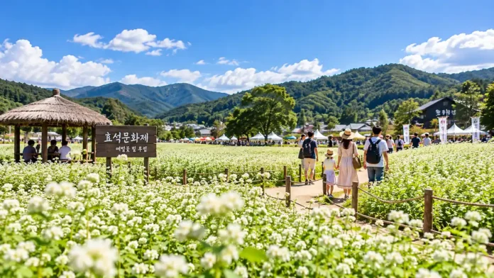 하얀 메밀꽃밭 사이로 가족과 관람객이 걷는 평창 효석문화제