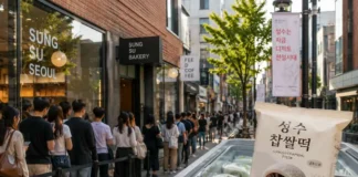 성수에서 줄 서던 찹쌀떡, 편의점 가자 하루 10만개…외국인이 키운 K-디저트 성수동 거리와 찹쌀떡 디저트를 함께 표현한 이미지
