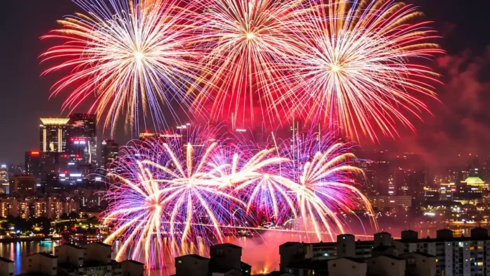 서울 여의도 한강 일대에서 대형 불꽃이 밤하늘을 채우는 서울세계불꽃축제