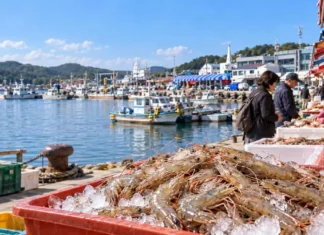 “살 꽉 찬 가을이 튄다”…태안 안면도 백사장항 자연산 대하축제 12일 개막 태안 안면도 백사장항에서 얼음 위에 진열된 자연산 대하와 포구
