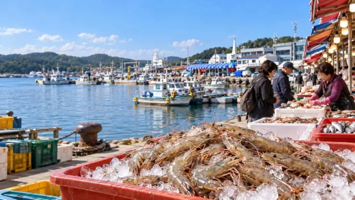 태안 안면도 백사장항에서 얼음 위에 진열된 자연산 대하와 포구