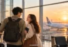 신혼여행 10명 중 8명 “멀리 가고 싶다”…높아진 항공·숙박비는 부담 공항 출발 구역에서 여행을 기다리는 두 사람의 AI 생성 이미지