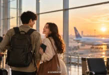 신혼여행 10명 중 8명 “멀리 가고 싶다”…높아진 항공·숙박비는 부담 공항 출발 구역에서 여행을 기다리는 두 사람의 AI 생성 이미지