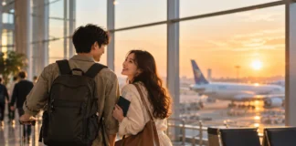 신혼여행 10명 중 8명 “멀리 가고 싶다”…높아진 항공·숙박비는 부담 공항 출발 구역에서 여행을 기다리는 두 사람의 AI 생성 이미지