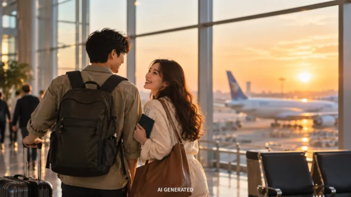 공항 출발 구역에서 여행을 기다리는 두 사람의 AI 생성 이미지