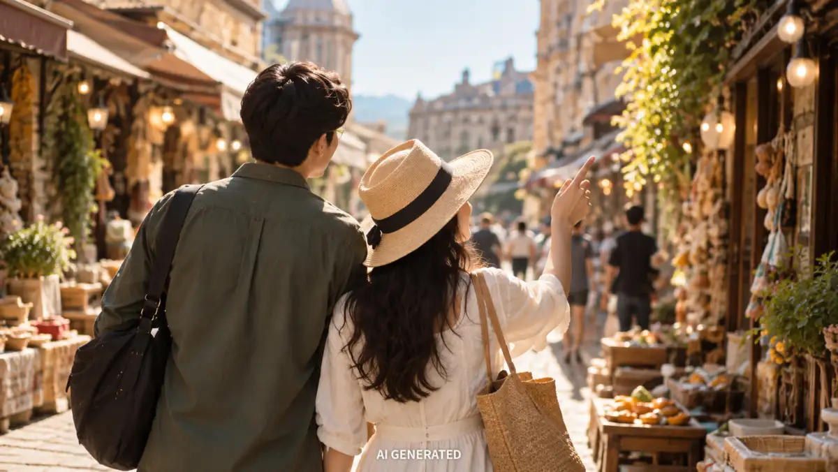 여행지의 거리를 함께 걷는 두 사람의 AI 생성 이미지