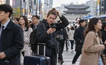 길 잃은 방한 관광객 복잡한 서울 도심에서 캐리어를 끌고 곤혹스러운 표정을 짓고 있는 외국인 관광객